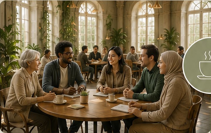 Menschen verschiedener Generationen sprechen gemeinsam an einem Tisch in einem hellen Café.