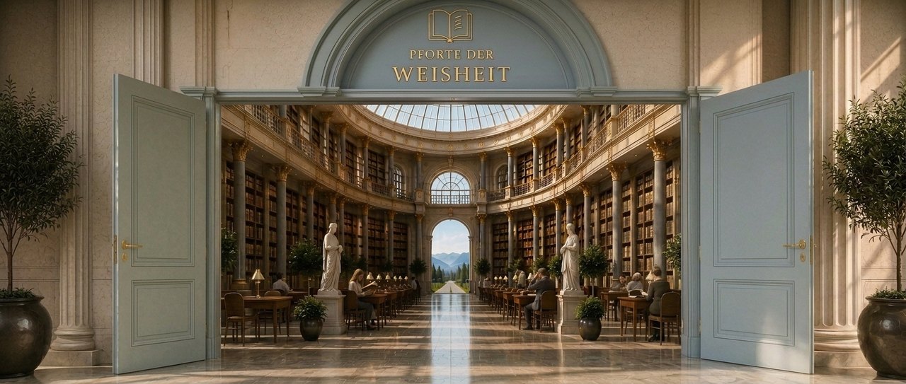 Geöffnete klassische Doppeltür mit der Aufschrift Pforte der Weisheit. Dahinter liegt eine große lichtdurchflutete Bibliothek mit Lesenden und einem Blick in eine Berglandschaft.