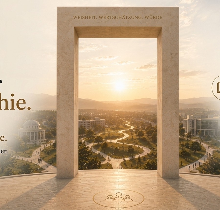 Steinernes Portal mit Blick auf eine von warmem Morgenlicht beleuchtete Landschaft.